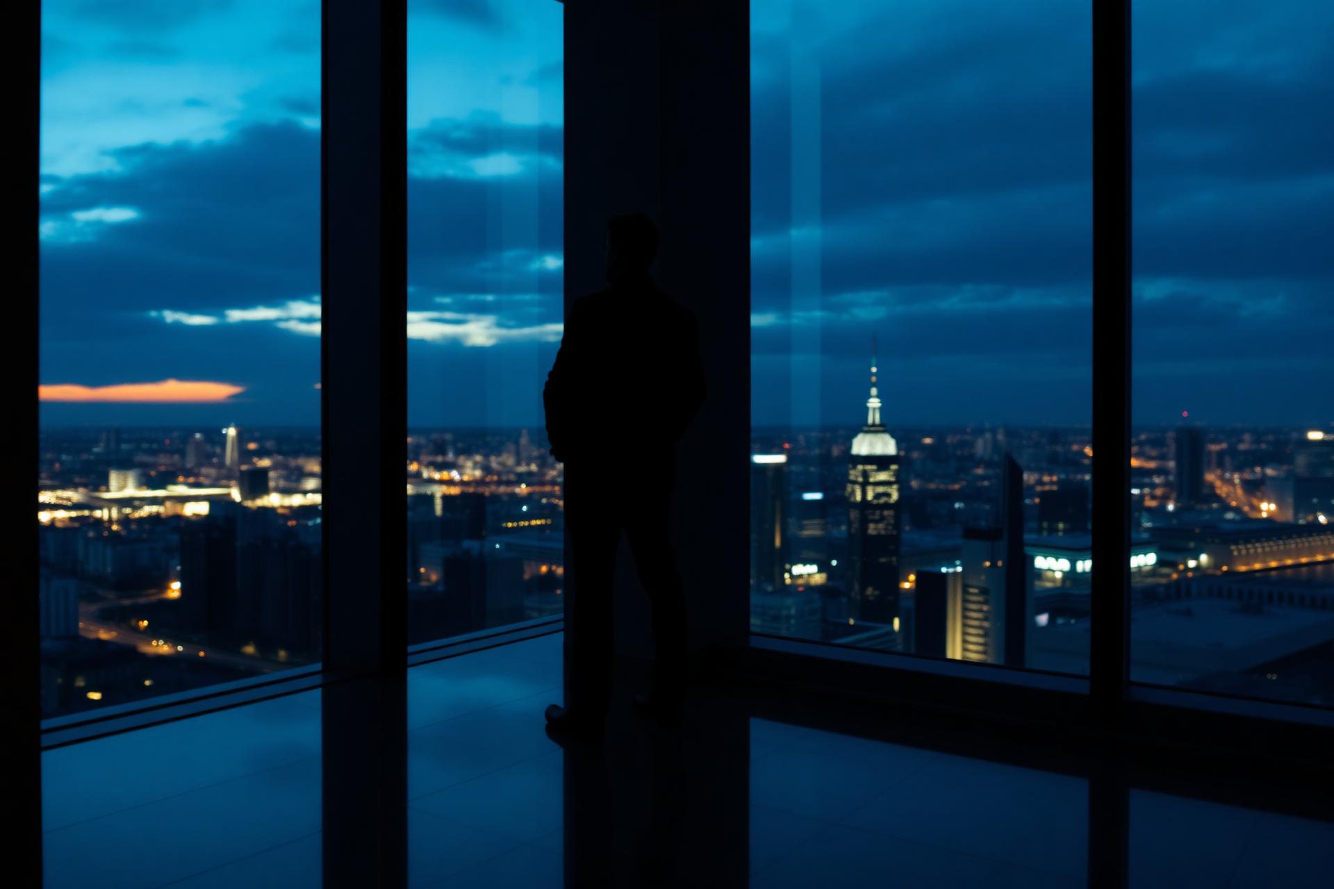 Investment professional overlooking city skyline at dusk